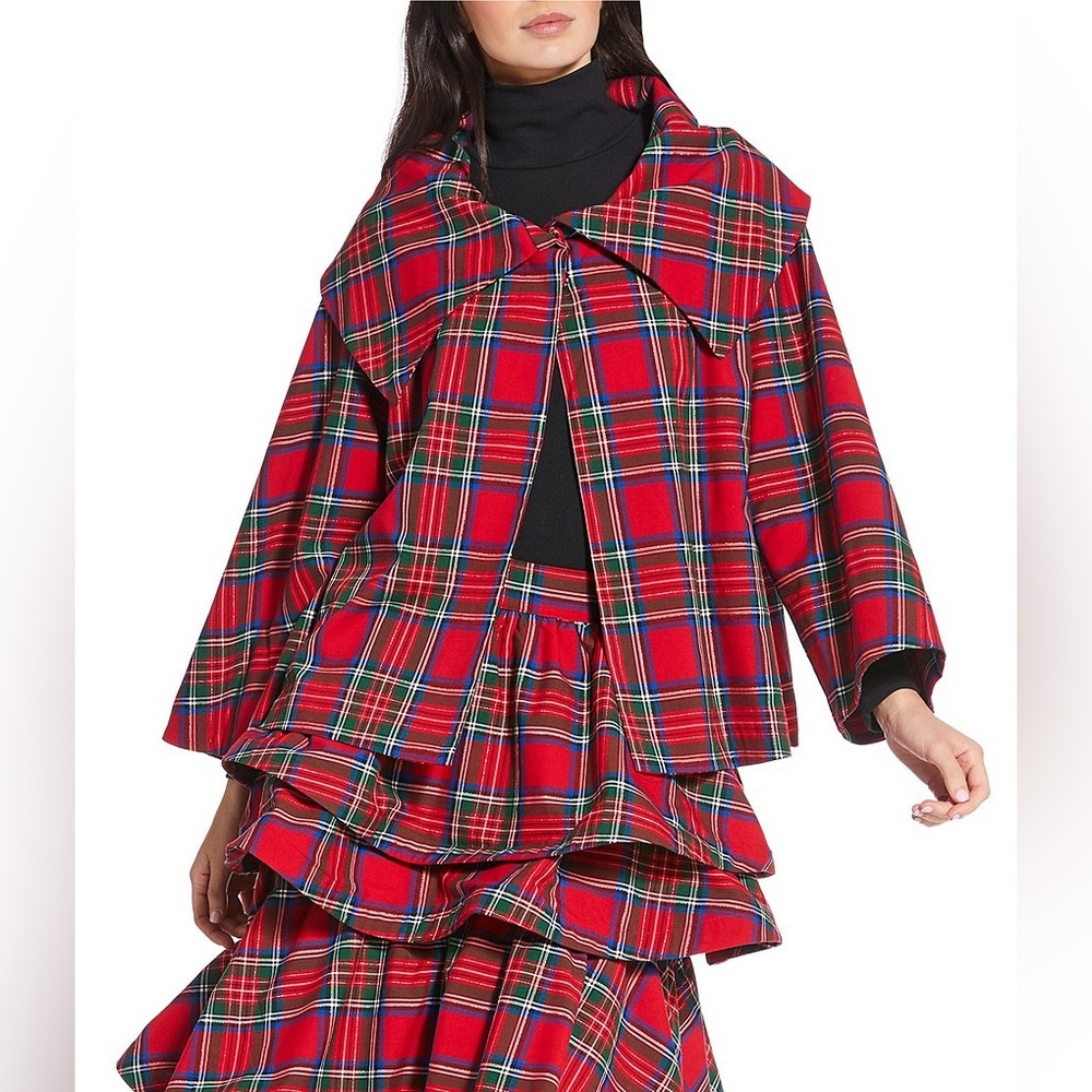 NWT Buru Grace Coordinating Tartan Printed Brocade Point Collar Cropped Coat